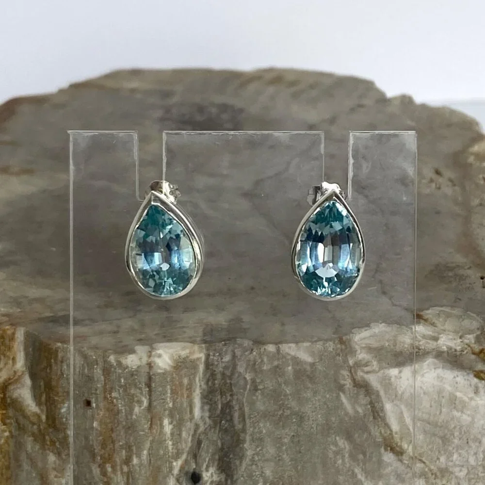 Sterling Silver 925 14K Gold Pear Shaped Chunky Blue Topaz Stud Earrings
